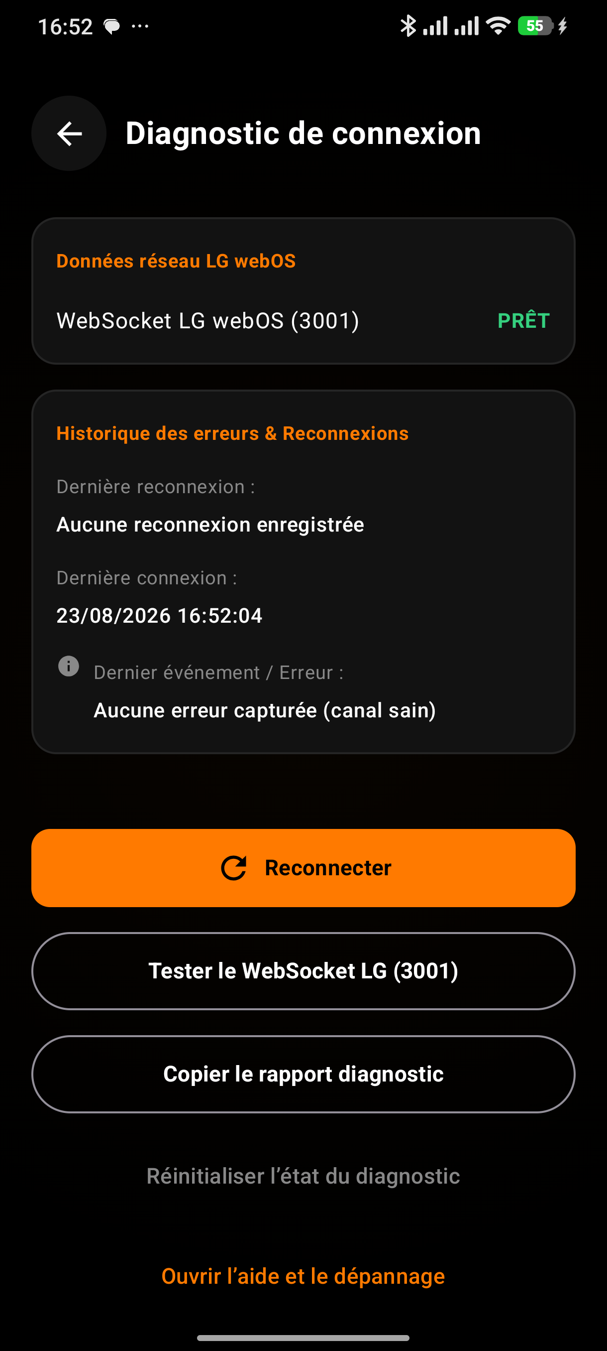 Écran actuel du diagnostic de connexion ORANIX Remote