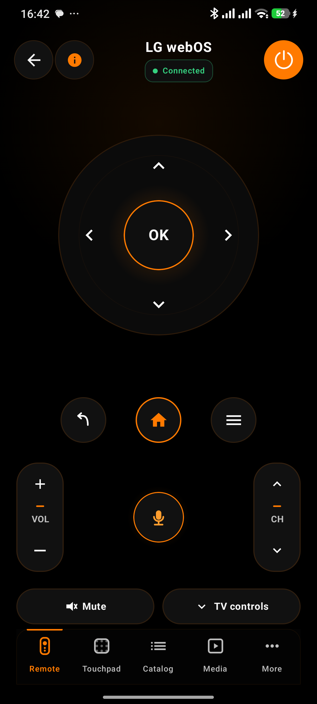 Écran actuel de la télécommande principale ORANIX Remote sur un smartphone Android