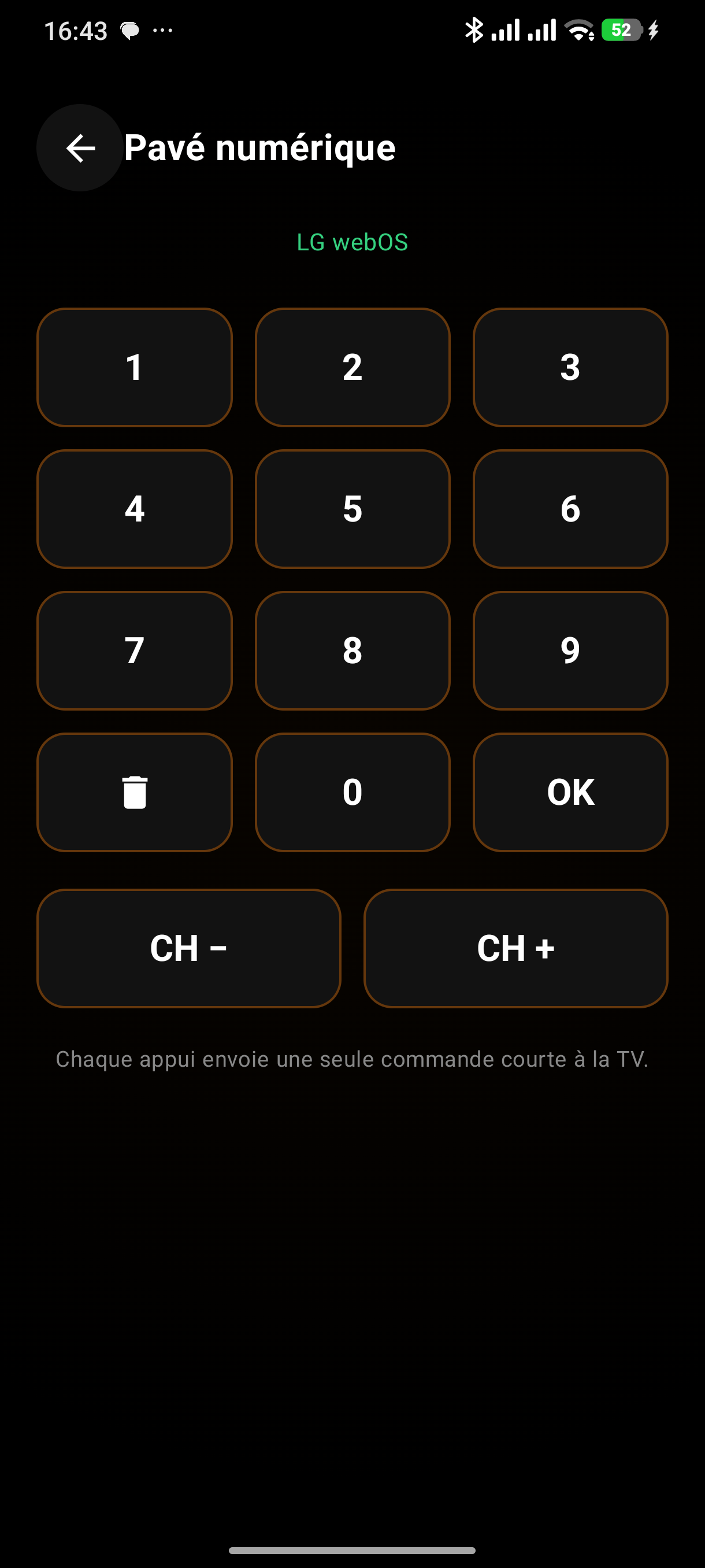 Écran actuel du pavé numérique ORANIX Remote