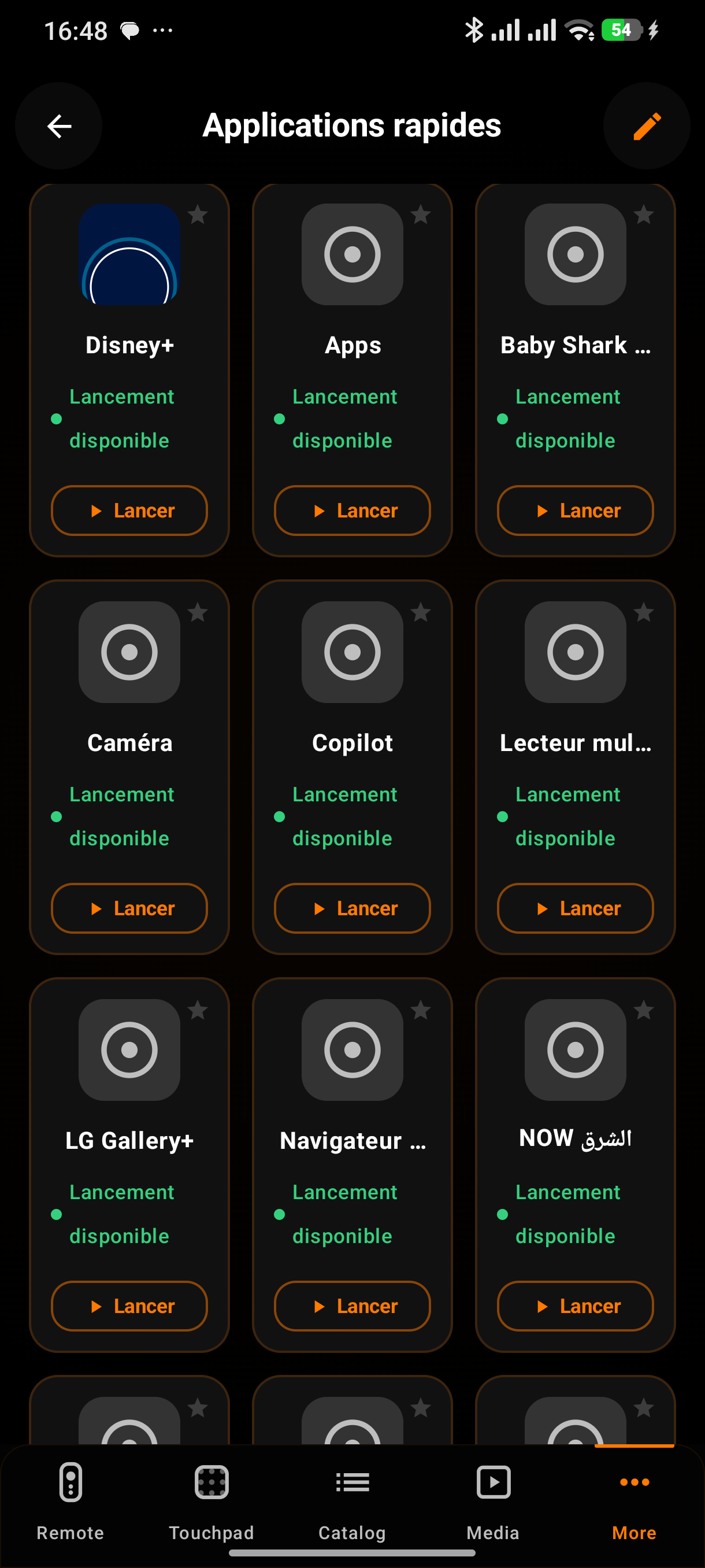 Écran actuel des applications rapides ORANIX Remote