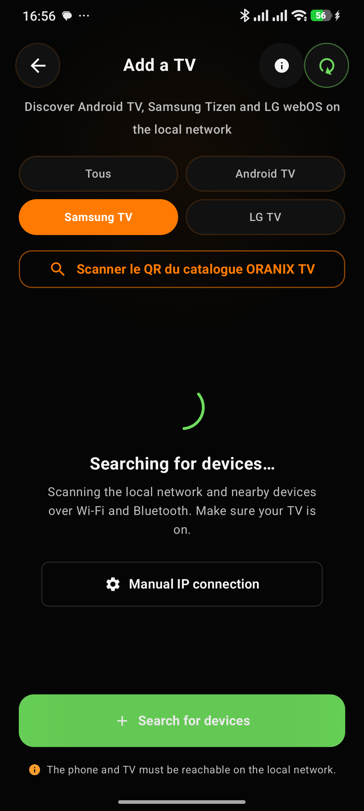 Écran actuel de recherche des téléviseurs ORANIX Remote