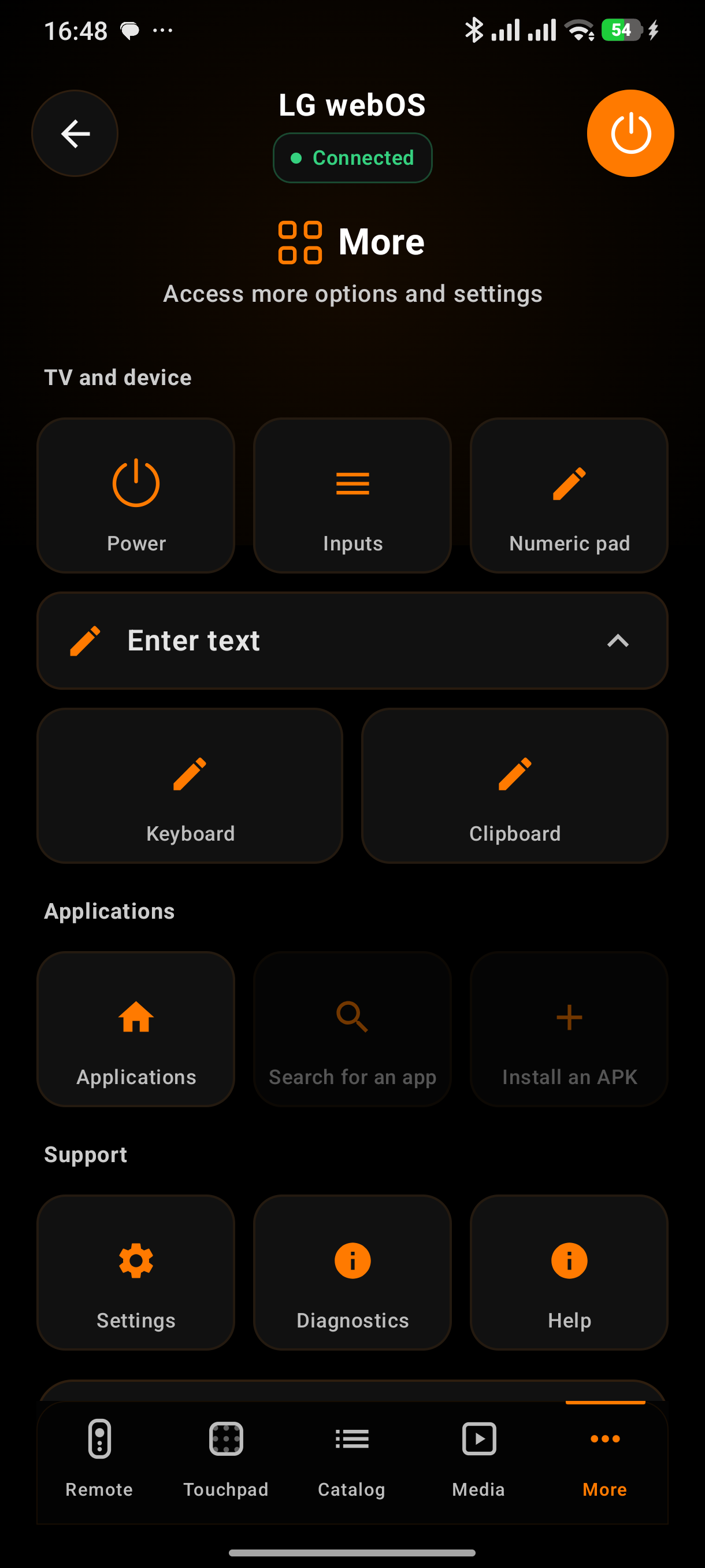Écran actuel des options de saisie ORANIX Remote