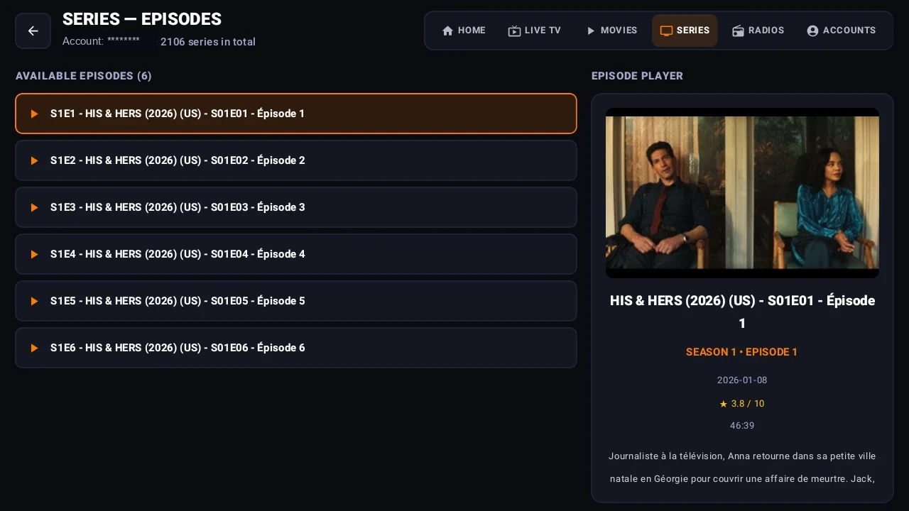 Liste réelle des épisodes avec aperçu et informations dans ORANIX TV