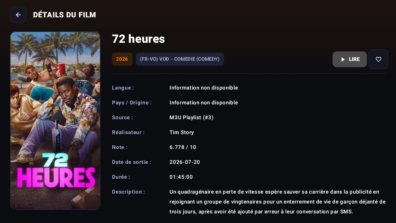 Fiche réelle d’un film dans ORANIX TV avec affiche, note, durée et description