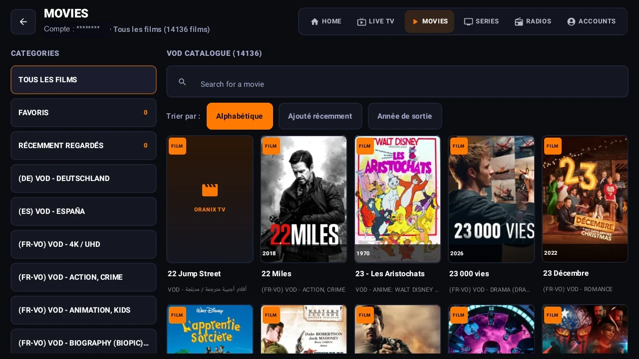 Catalogue réel de films ORANIX TV avec catégories, recherche, tri et affiches