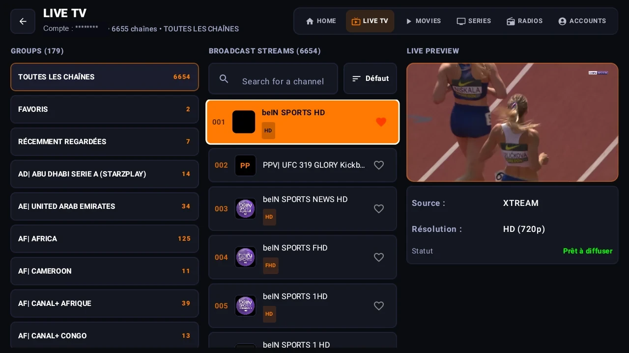 Capture réelle et anonymisée de la TV en direct avec catégories, recherche et aperçu dans ORANIX TV