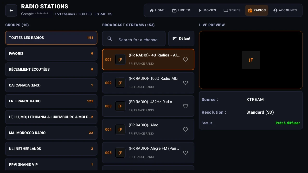 Écran réel des radios ORANIX TV avec groupes, recherche, favoris et aperçu