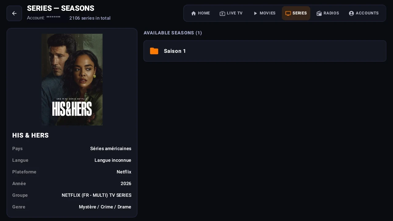 Fiche réelle d’une série et sélection des saisons dans ORANIX TV
