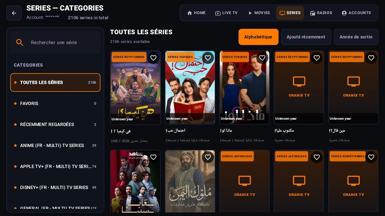 Catalogue réel de séries ORANIX TV avec catégories, recherche et affiches